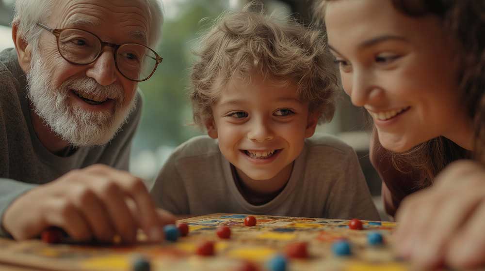 Joyful Family Time: Grandfather, Grandson, and Granddaughter Eng